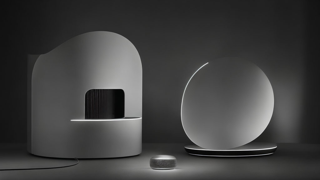 Sleek minimalist interior with arched lamp, circular mirror, and spherical speaker