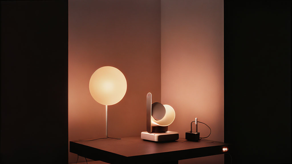 Minimalist interior with modern lamps on black table casting soft glow on warm beige wall