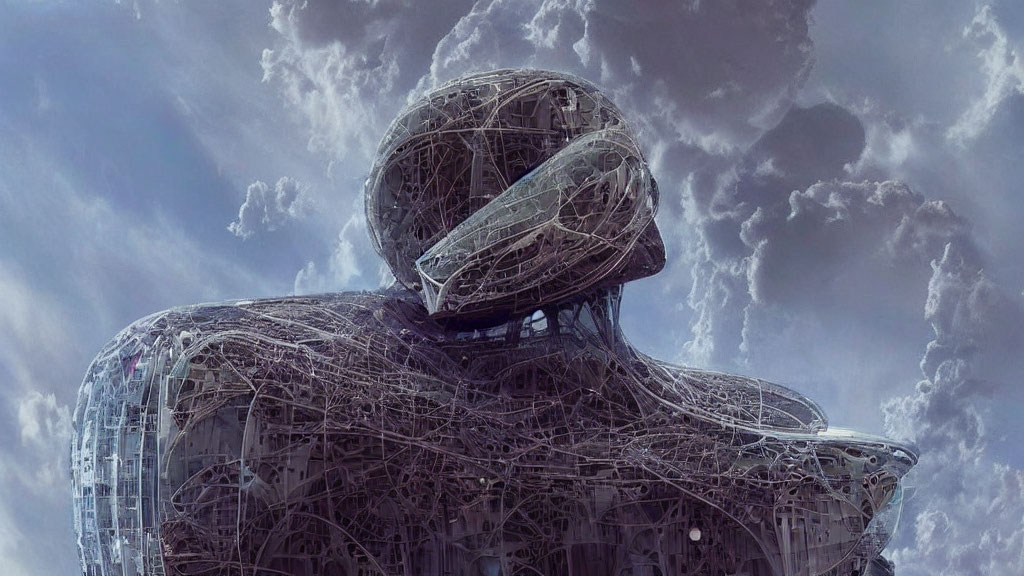 Futuristic metallic human-shaped structure against cloudy sky with intricate woven patterns.