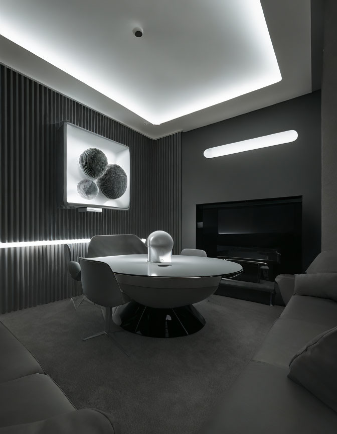 Sleek monochrome living room with futuristic decor and ambient lighting