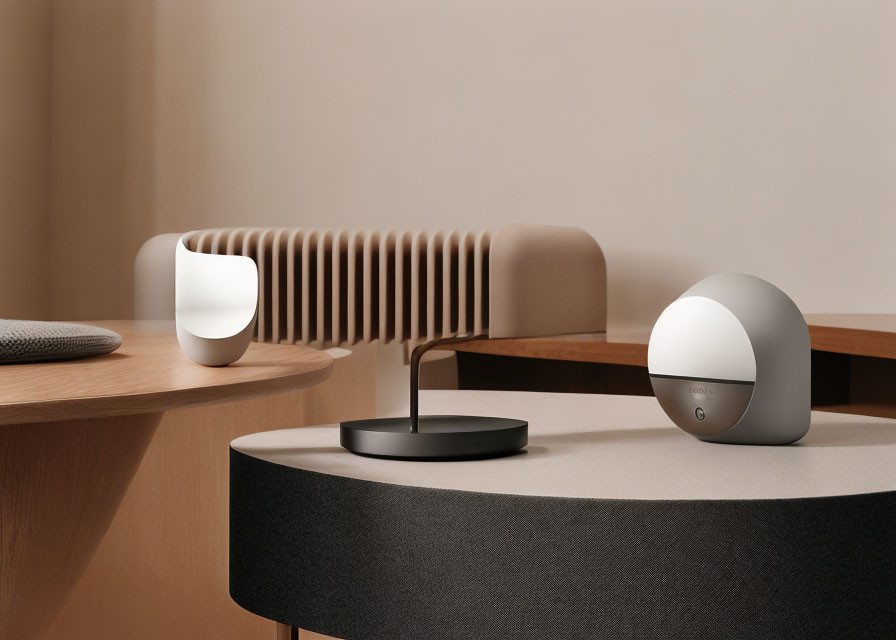 Minimalist Interior with Modern Lamp, Stylish Speaker, and Sleek Bench