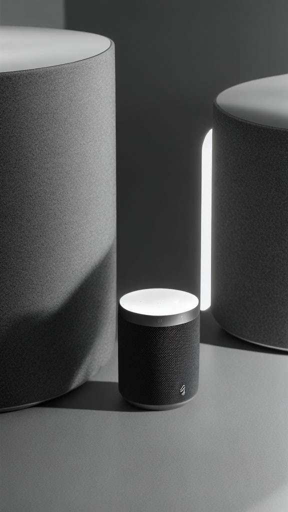 Compact Smart Speaker with Two Larger Cylindrical Objects on Grey Background