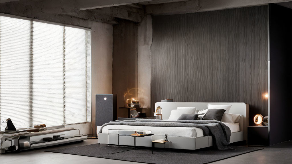 Sleek gray and white minimalist bedroom decor