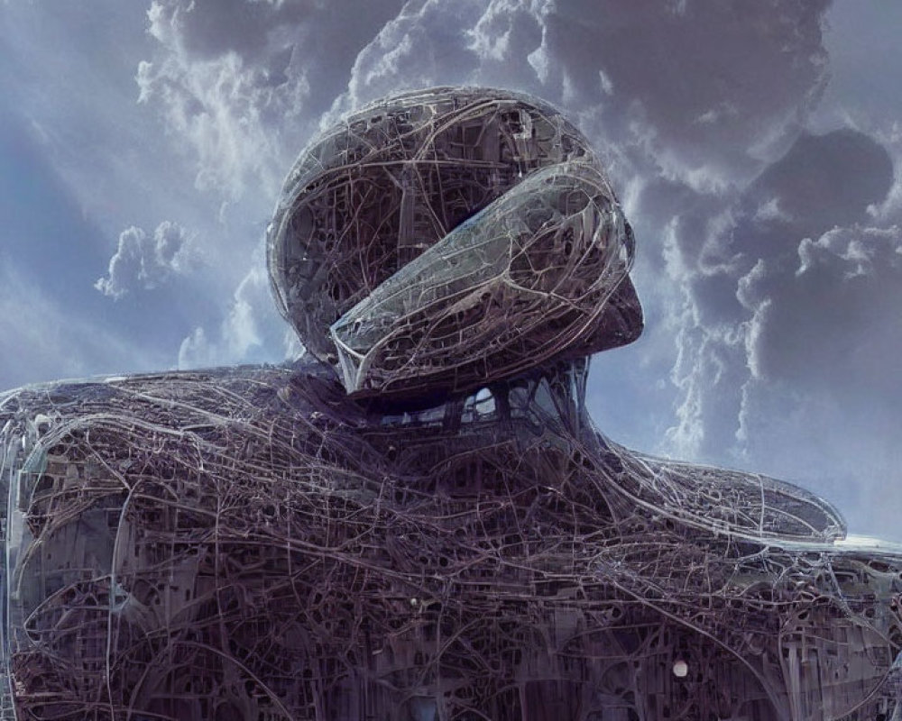 Futuristic metallic human-shaped structure against cloudy sky with intricate woven patterns.