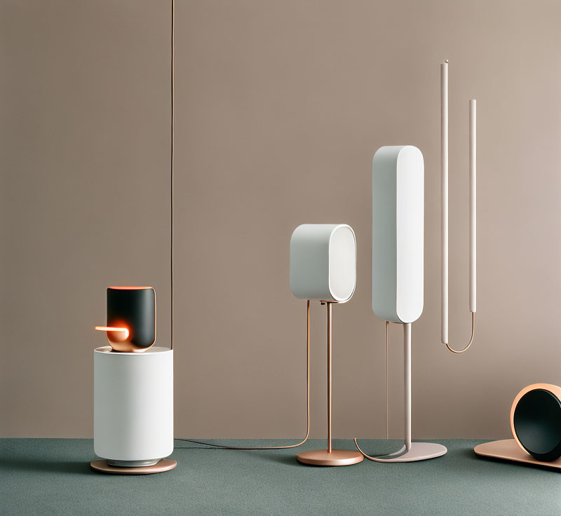 Abstract-shaped lamps and cylindrical object in minimalist interior