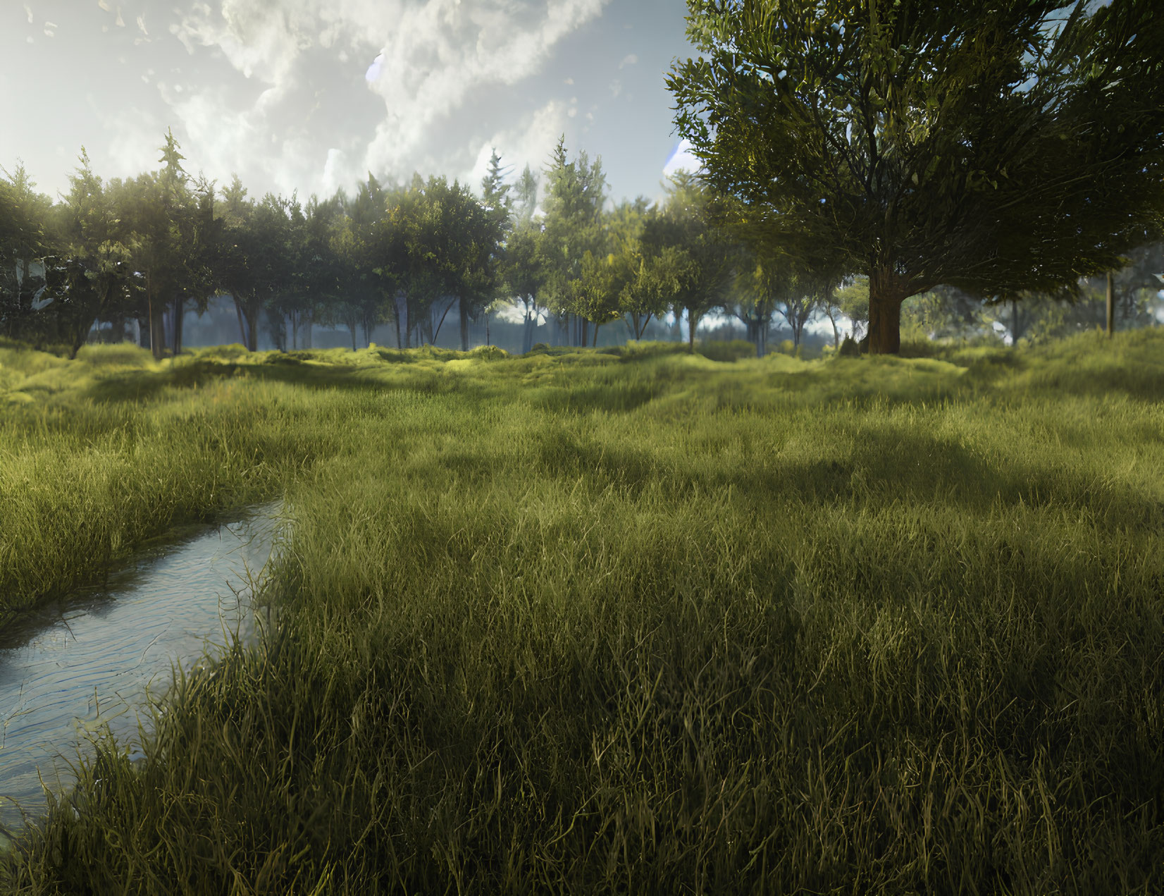 Tranquil landscape with lush meadow, stream, and sunlit sky