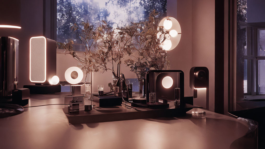 Vanity setup with illuminated mirrors and beauty products against twilight backdrop