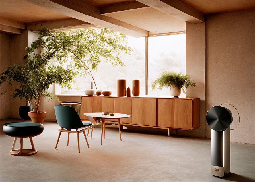 Minimalist Earth-Toned Living Room with Wooden Furniture & Large Windows