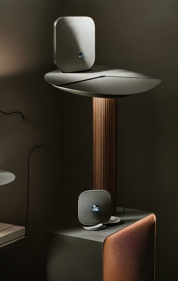 Sleek Circular Shade Lamp with Wooden Slats & Wi-Fi Devices