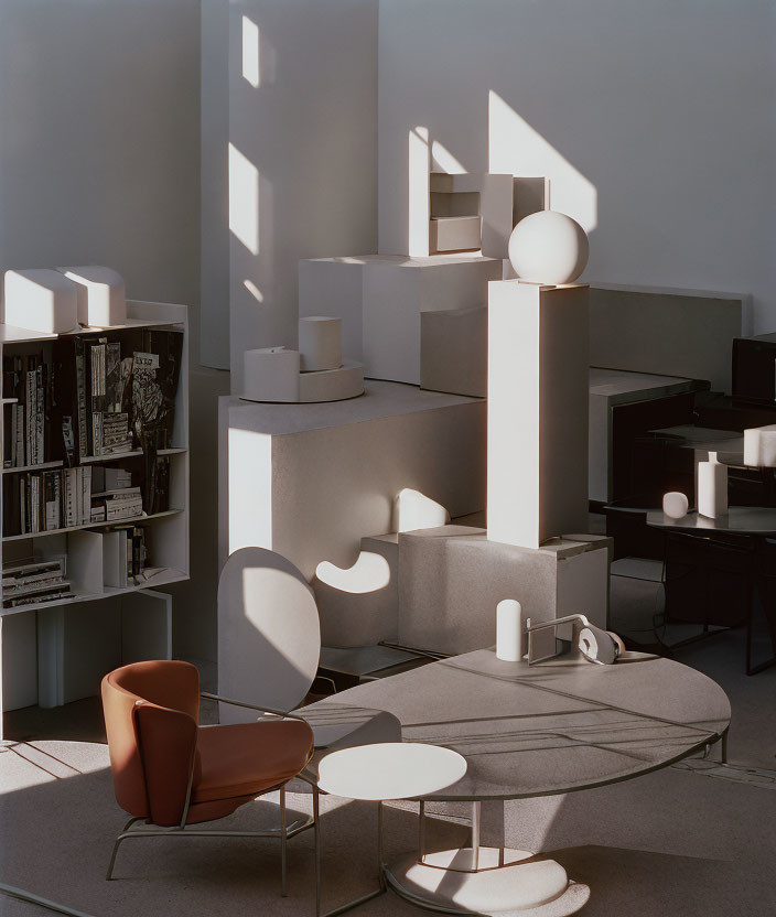 Contemporary Room with Geometric Shapes and Brown Leather Chair