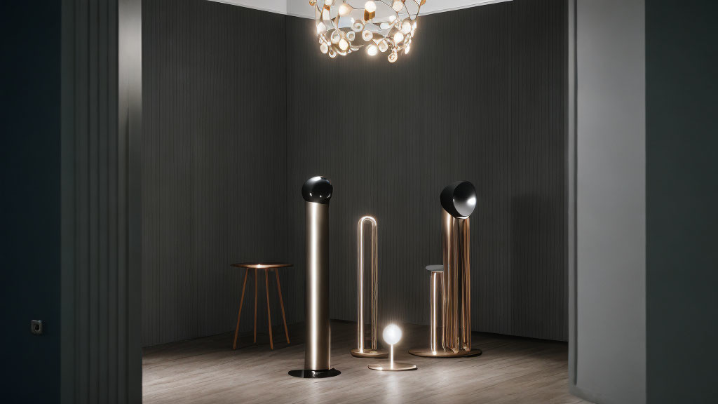 Stylish floor lamps, chandelier, and side table in modern interior