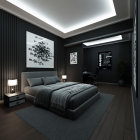 Sleek monochrome living room with futuristic decor and ambient lighting