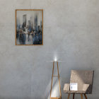 Minimalist interior with framed cityscape photo, wall lamp, shelf, and decorative objects.