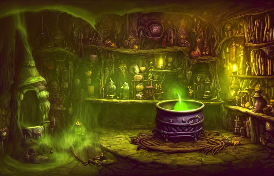 Mystical alchemist's lab with green potion, cauldron, shelves, books, artifacts