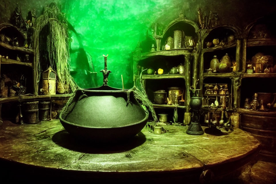 Dimly-lit witch's lair with cauldron, potions, and green glow