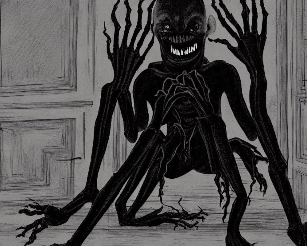 Sinister multi-limbed creature in wood-paneled room