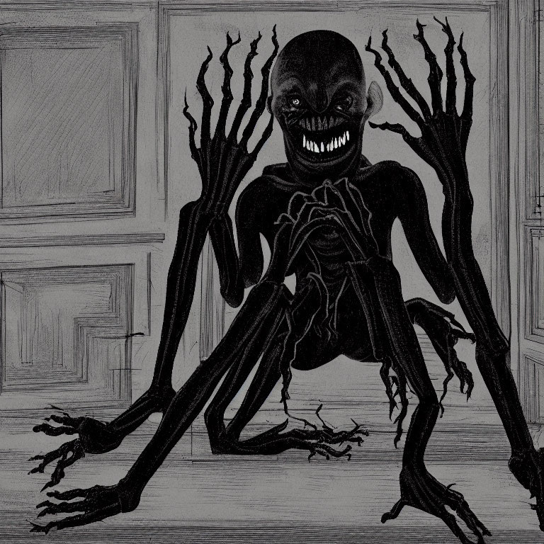 Sinister multi-limbed creature in wood-paneled room