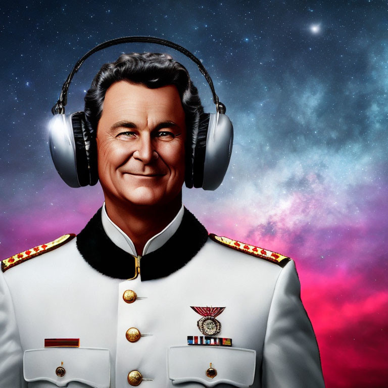 Smiling man in military uniform with headphones on cosmic background