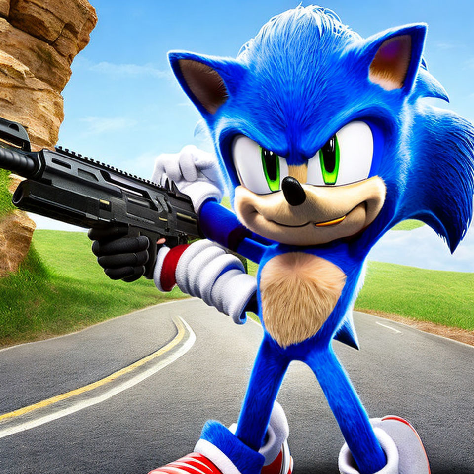 Illustration of Sonic the Hedgehog with a gun on grassy hills