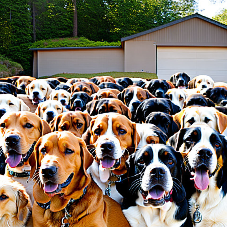 Numerous Beagles Posed in Front of Garage with Trees and Grass