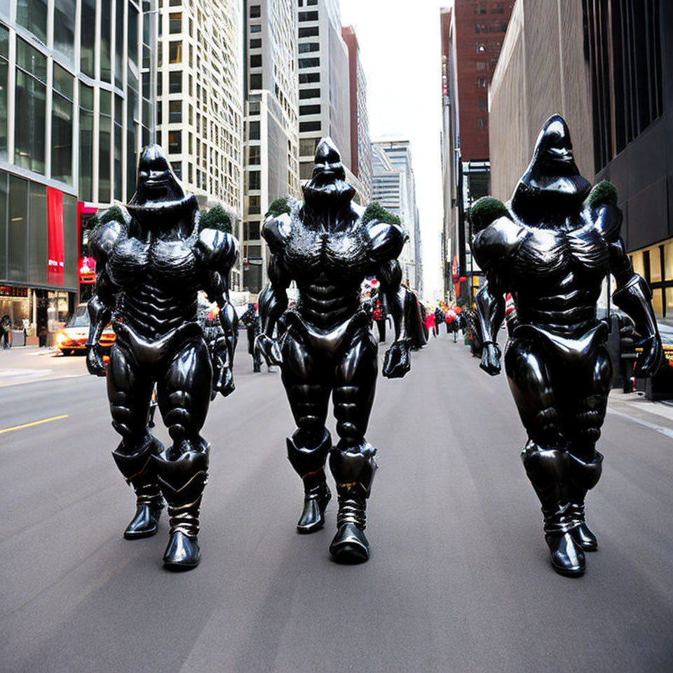 Three oversized black glossy superhero costumes in urban street with skyscrapers