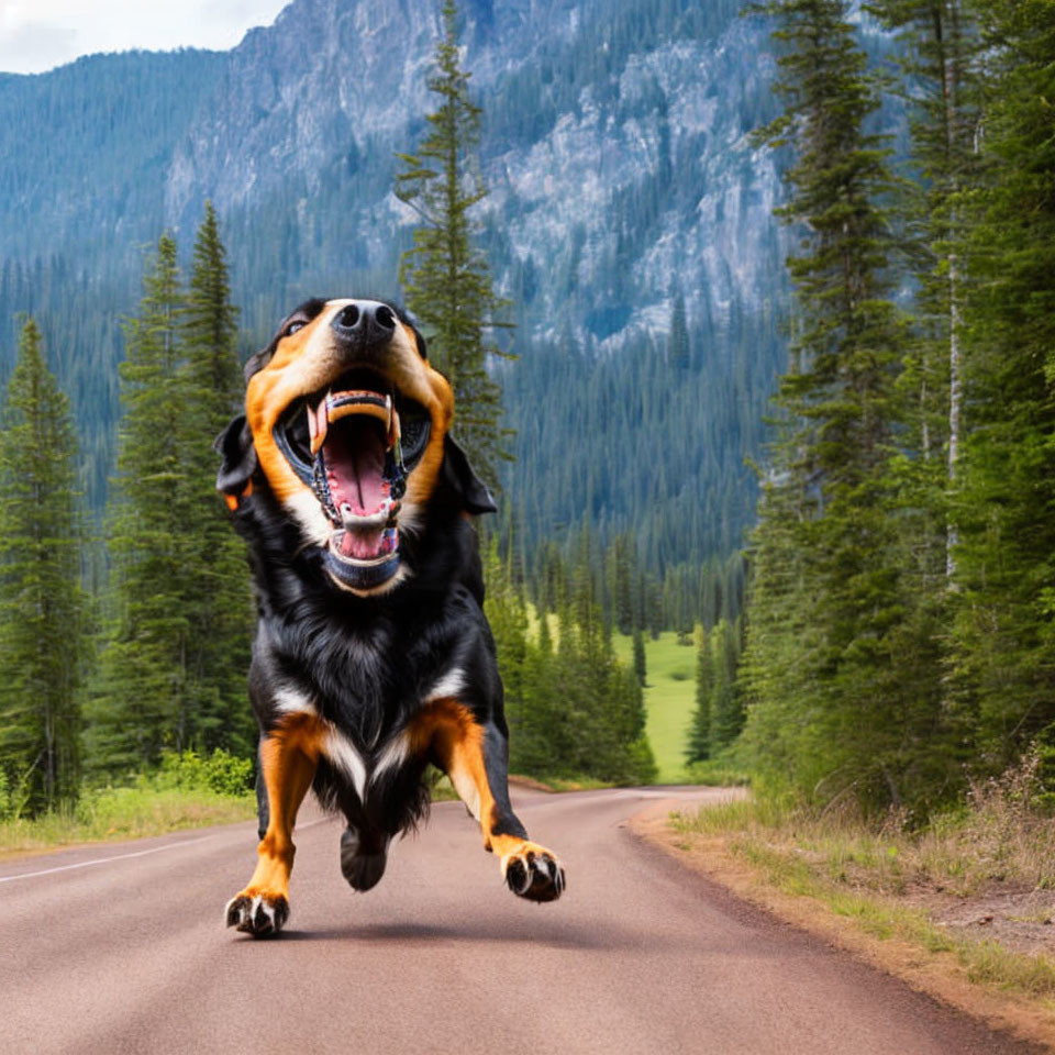 Playful dog leaping on forest road.