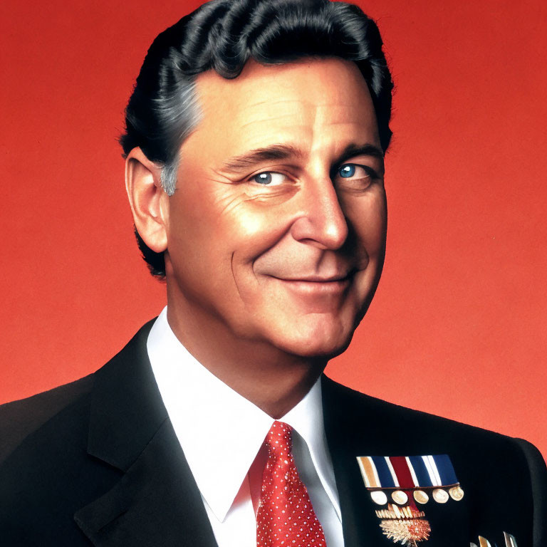 Grey-haired man in suit with medals and red tie on red background