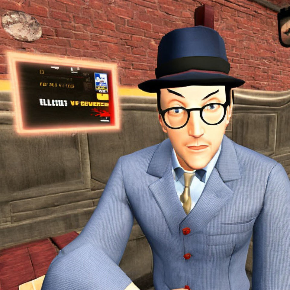 Stylized 3D character in blue suit, hat, and glasses against brick wall with digital