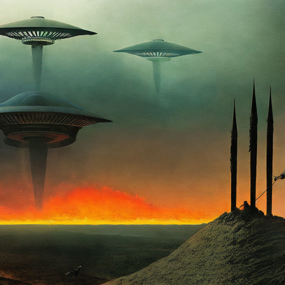 Three UFOs over dystopian landscape with fiery skies and dark structures