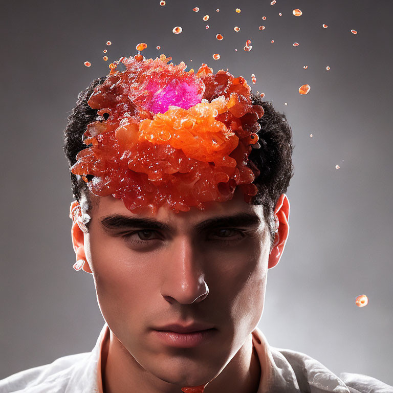 Serious man with colorful fruit jelly splashes on head