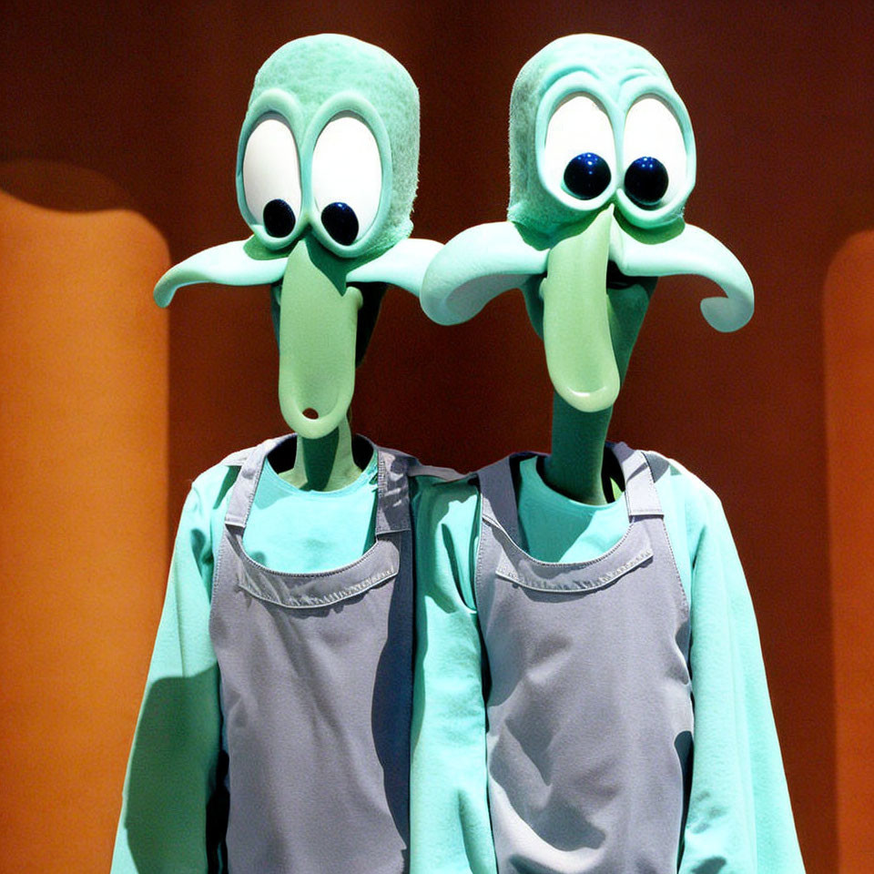 Cartoonish figures with green heads and elongated noses in gray overalls on orange background