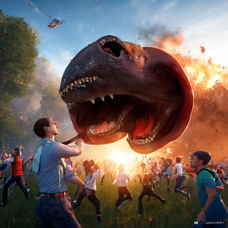 CGI dinosaur roaring in chaotic scene with fleeing people and fearless individual with flare