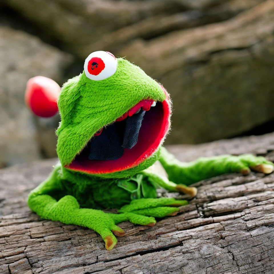 Green Frog Plush Toy with Big Eyes and Open Mouth on Wooden Surface