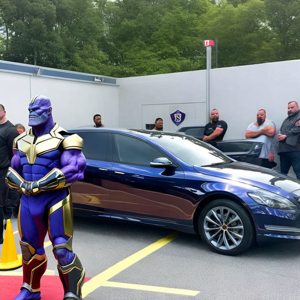 Person in Thanos Costume Beside Black Car in Parking Area