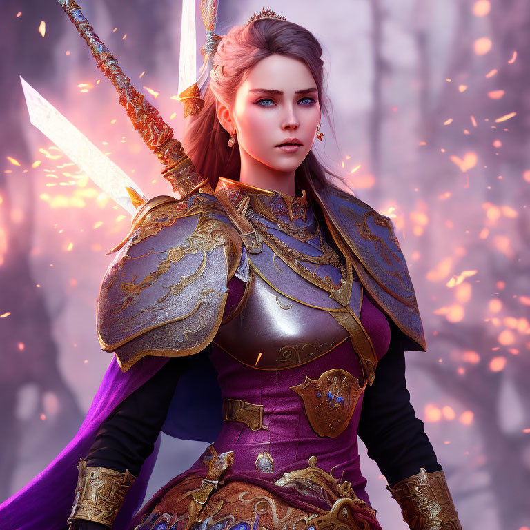 Female warrior in golden and purple armor with glowing sword in mystical forest.