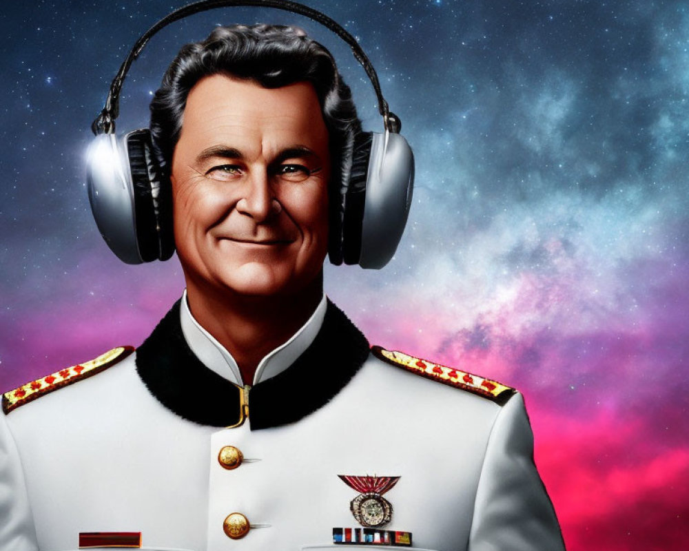 Smiling man in military uniform with headphones on cosmic background