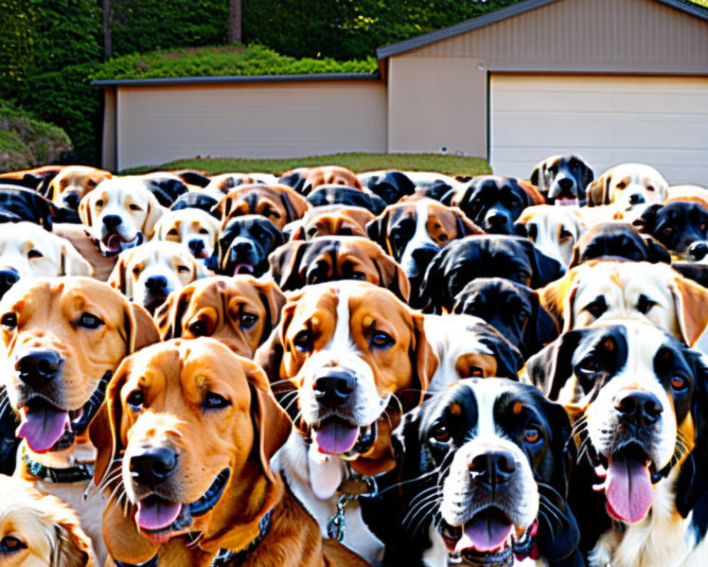 Numerous Beagles Posed in Front of Garage with Trees and Grass