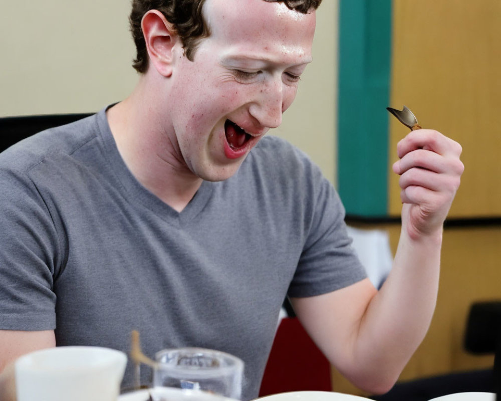 Person in Grey T-Shirt Laughing with Spoon and Plates of Food