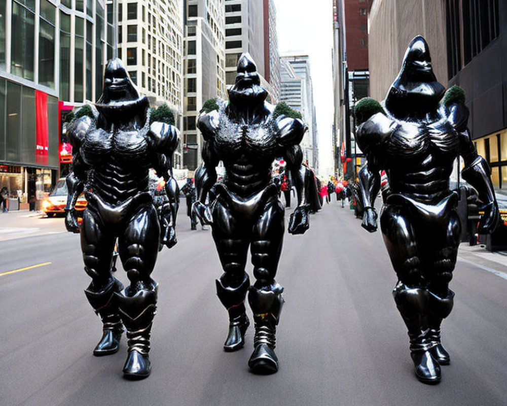 Three oversized black glossy superhero costumes in urban street with skyscrapers