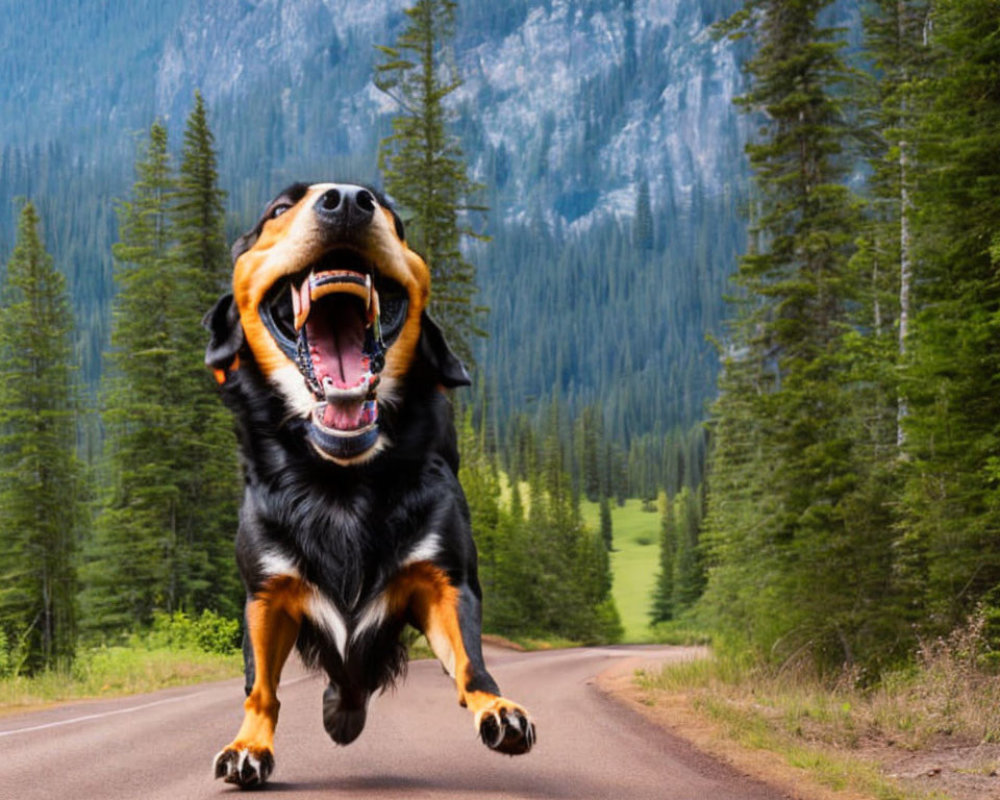 Playful dog leaping on forest road.