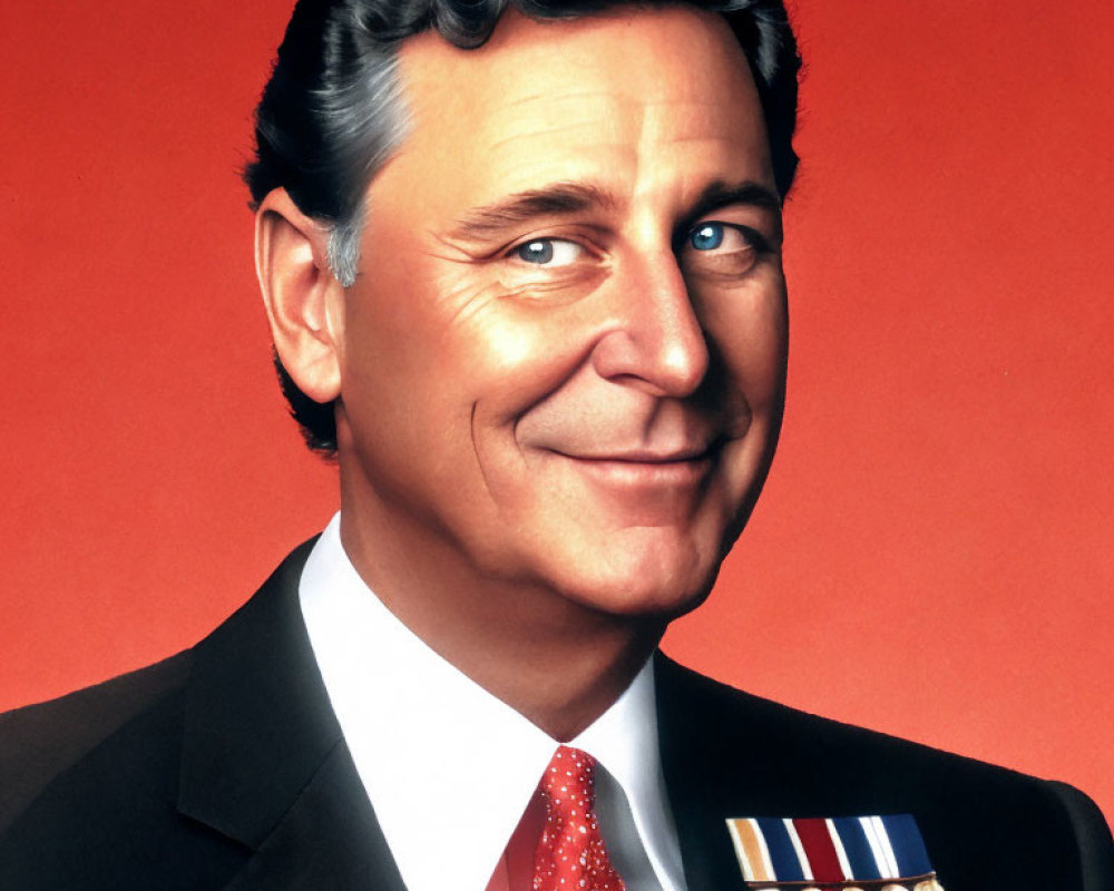 Grey-haired man in suit with medals and red tie on red background