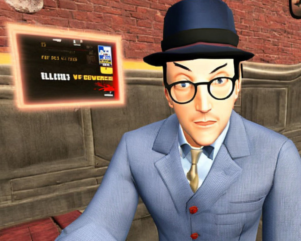 Stylized 3D character in blue suit, hat, and glasses against brick wall with digital