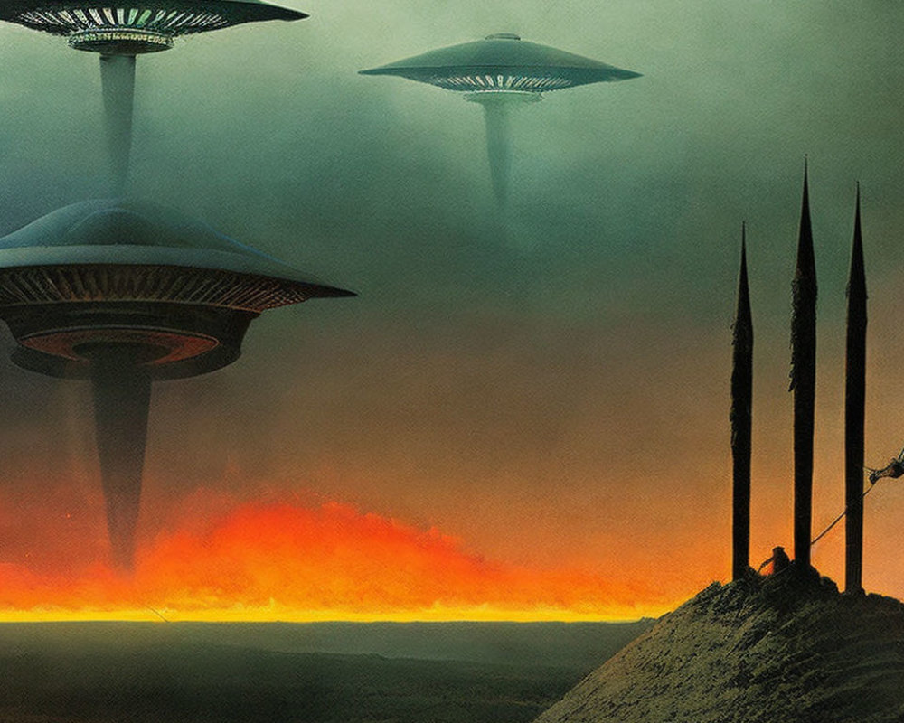 Three UFOs over dystopian landscape with fiery skies and dark structures