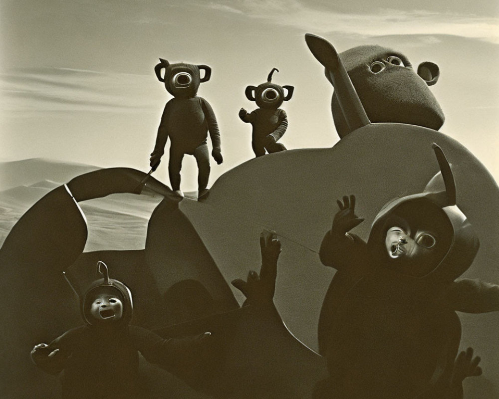 Four Teletubby Costumed Figures Waving in Sepia Landscape