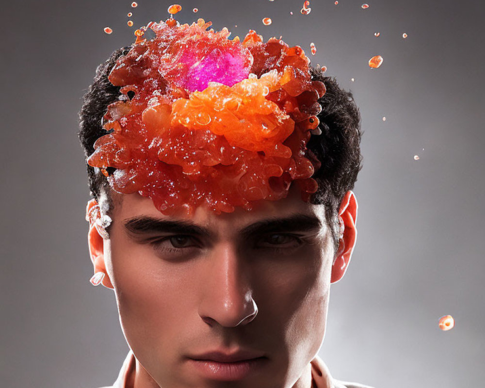 Serious man with colorful fruit jelly splashes on head