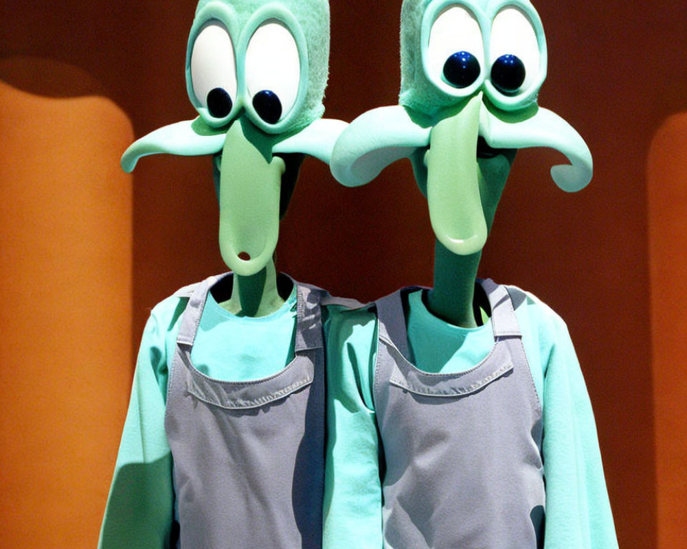 Cartoonish figures with green heads and elongated noses in gray overalls on orange background