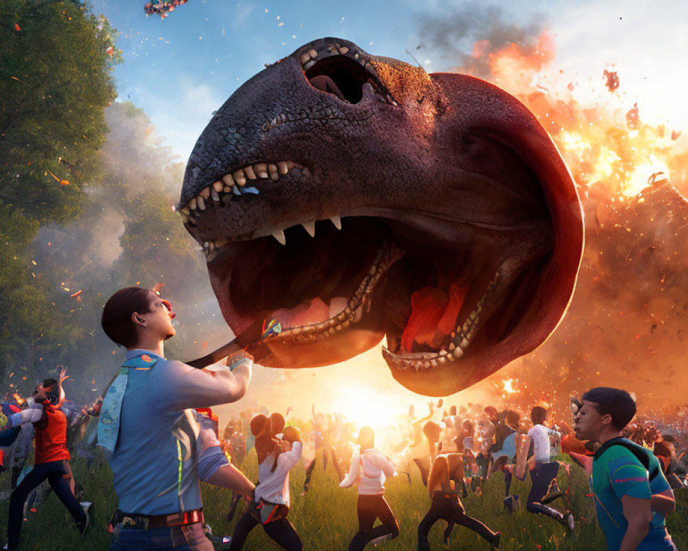 CGI dinosaur roaring in chaotic scene with fleeing people and fearless individual with flare