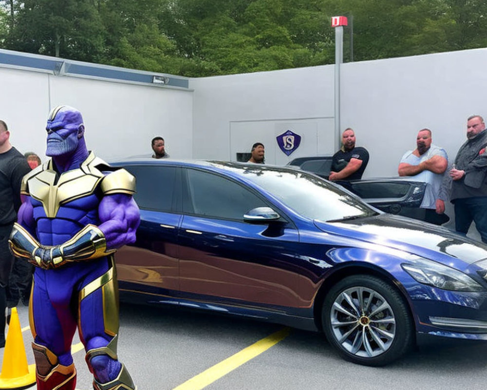 Person in Thanos Costume Beside Black Car in Parking Area