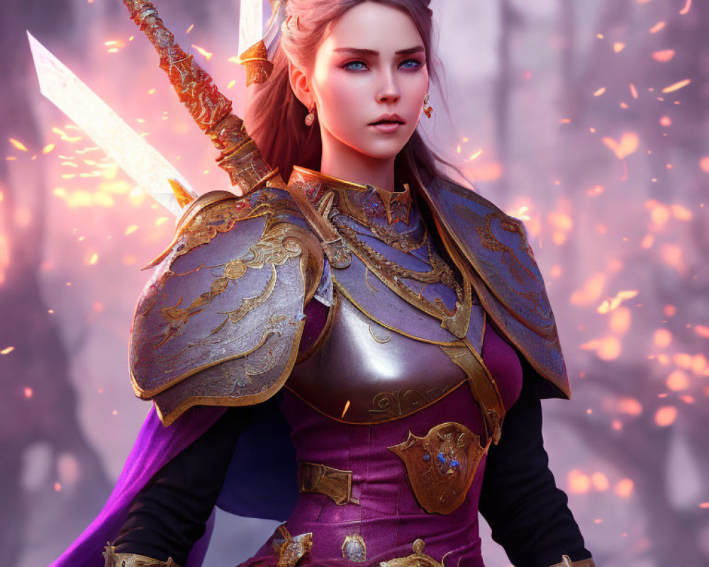 Female warrior in golden and purple armor with glowing sword in mystical forest.