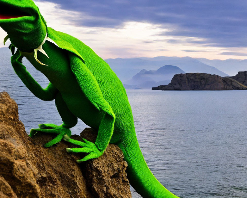 Digitally manipulated image of Kermit the Frog as a lizard on cliff above sea